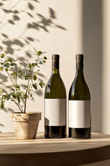 Elegant Wine Display: A Minimalist Arrangement of Bottles and Greenery Bathed in Natural Light for Home Decor Inspiration