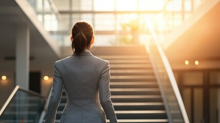 Professional woman ascending stairs modern office inspirational moment bright environment side view ambition growth