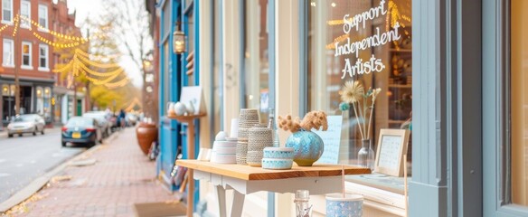 Support independent artists with local shop display on charming city street