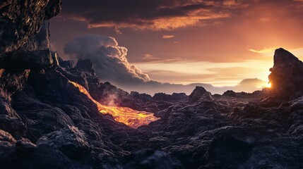 Fototapeta premium fiery lava flow, stunning volcanic scenery, natural volcanic beauty, fiery lava stream, volcanic landscape image, volcanic landscape art, volcanic landscape painting, volcanic land art, volcanic lands