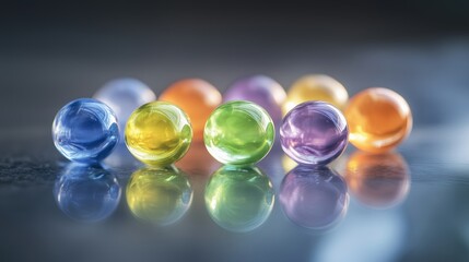 A collection of colorful glass marbles reflecting light on a smooth surface.