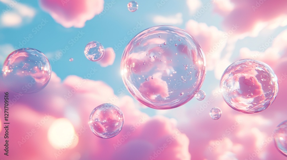 Poster delicate bubbles rise through a soft pink atmosphere adorned with vibrant clouds, creating a whimsic