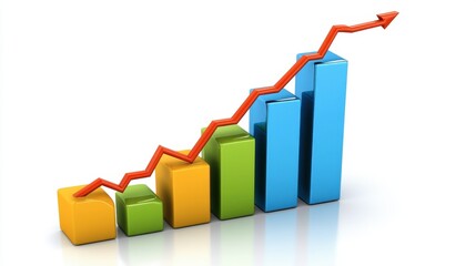 A modern business graph with colorful bar charts and trend lines on a digital screen, symbolizing financial growth.