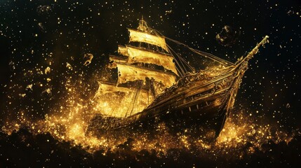 Fototapeta premium Golden ship sailing through starry night
