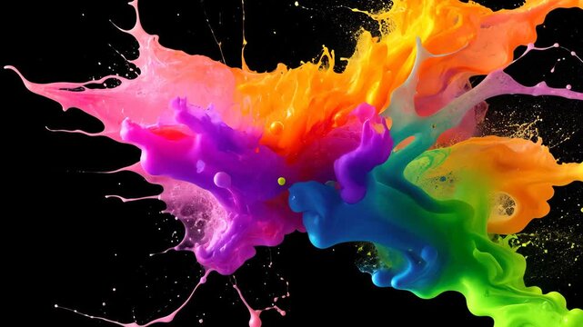 Explosive Spectrum: A dynamic display of vibrant colors explodes against a stark black backdrop, a visually striking composition of paint splatters, showcasing the beauty and power of color. 