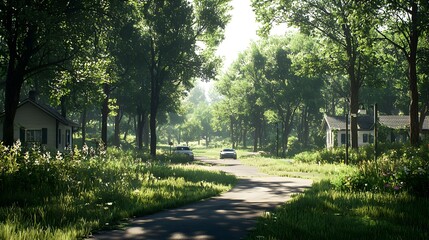 Fototapeta premium Sunlit Summer Road Through Green Trees and Overgrown Houses