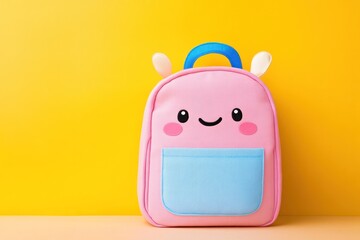 Pink children's backpack with bunny ears against a yellow background.