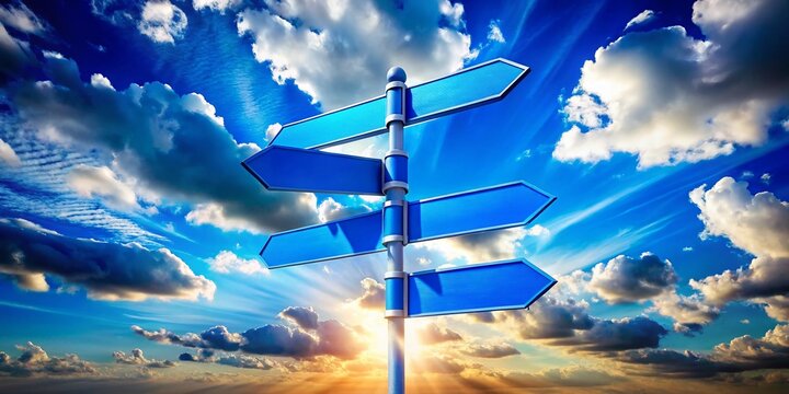 Conflicting Directions: Multiple Signs Pointing Various Ways Against a Vivid Blue Sky