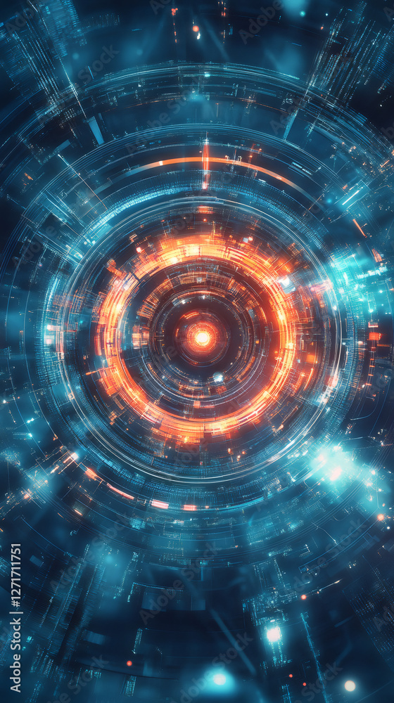 Aufkleber circular technological portal emitting orange and blue light, creating a futuristic and technologica