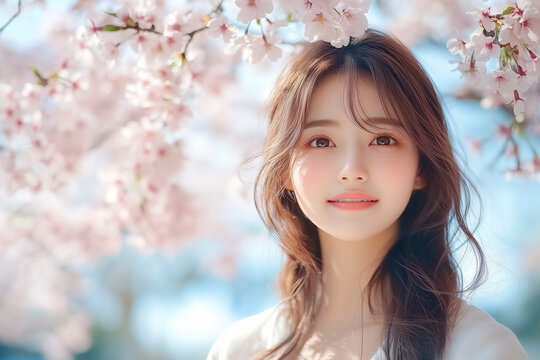 満開の桜を背景に若い女性のポートレート