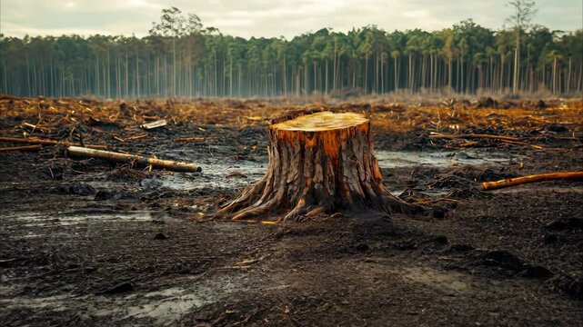 Deforestation and Habitat Loss Tree Stump Amidst Barren Land and Loggings Environmental Impact on Nature and Forests