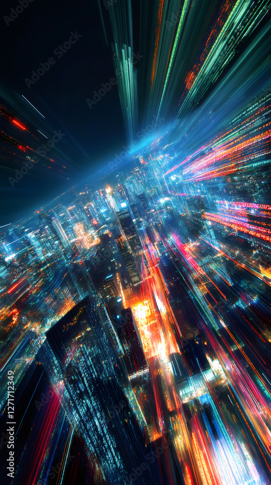 Poster colorful light trails creating a futuristic zoom effect over a sprawling metropolis at night