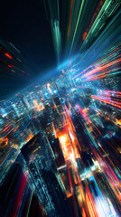 Fototapeta premium Colorful light trails creating a futuristic zoom effect over a sprawling metropolis at night