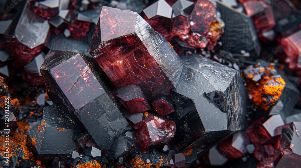 Poster Dark red and black mineral crystals create a striking display with their sharp edges and detailed surfaces, highlighting the beauty of natural geological formations found in specific environments.
