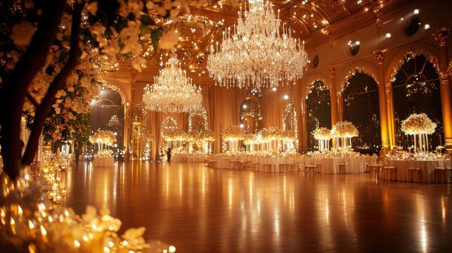 Elegant banquet hall with chandeliers and floral decorations for a luxurious event.