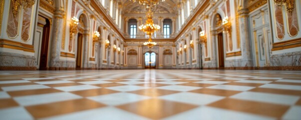 Obraz premium Elegant interior of a grand hall featuring marble floors and ornate chandeliers.