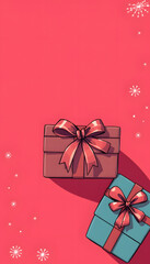 Fototapeta premium Banner with gift boxes tied with ribbons on a red background with place for text. Holidays concept, comic art. White tone