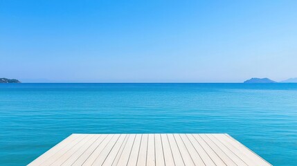 Fototapeta premium Bright Blue Ocean Horizon with Wooden Dock