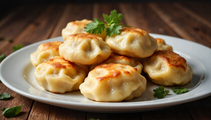 Bavarian dumplings with golden crust, garnished with parsley on wooden table