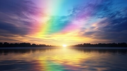 Obraz premium A vibrant sunset with rainbow colors reflecting on a calm lake.