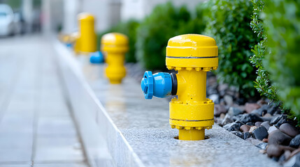 Fototapeta premium Yellow gas meters, city sidewalk, green shrubs, urban background