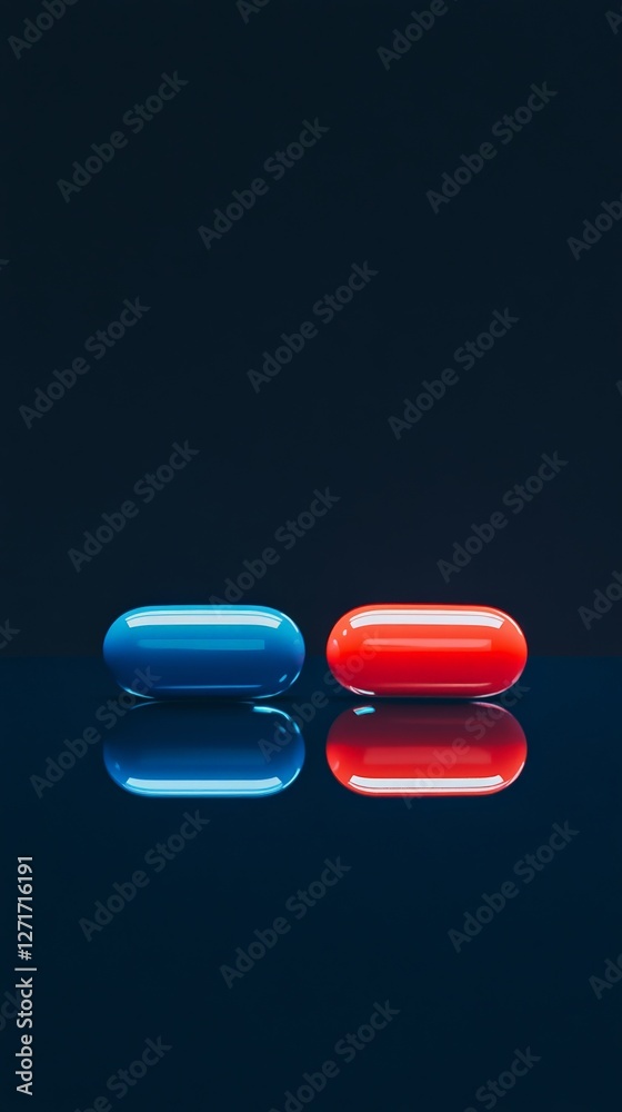 Aufkleber two pills, one red and one blue, sit on a reflective surface, symbolizing a difficult choice and the