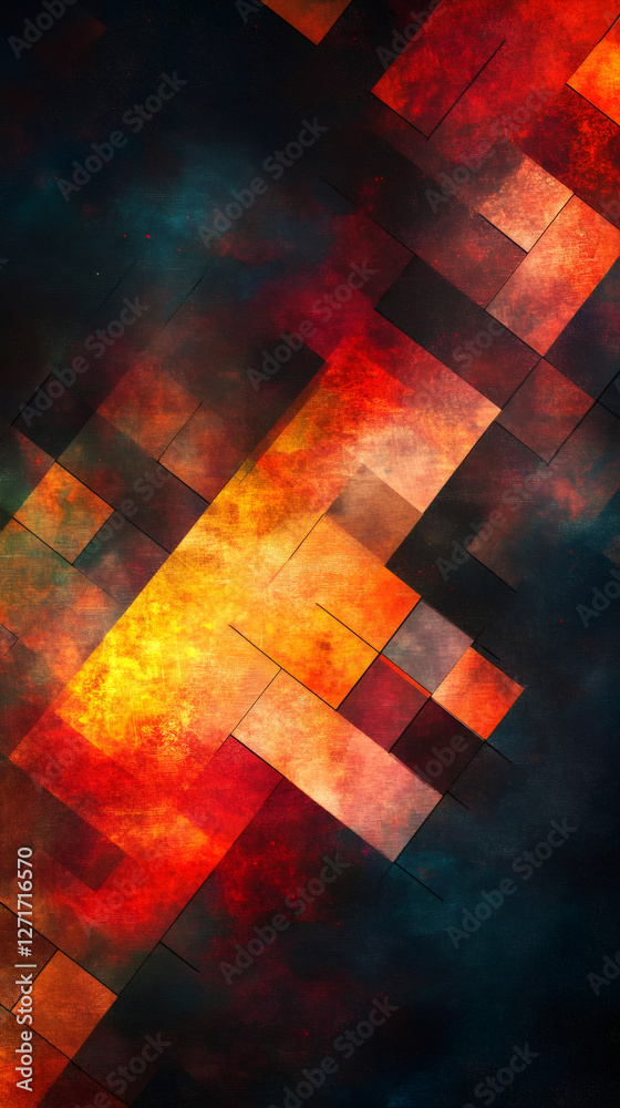 Poster Intersecting geometric shapes forming textured grunge surface with warm color palette, generating vibrant abstract design