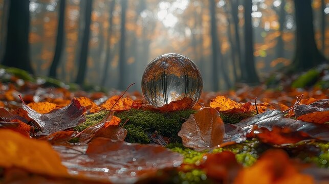 Crystal ball reflecting autumn forest scene on mossy ground