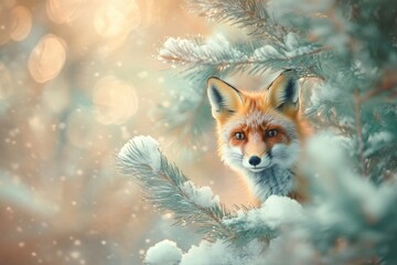 Obraz premium Red fox peering from snowy pine branches in winter wonderland.