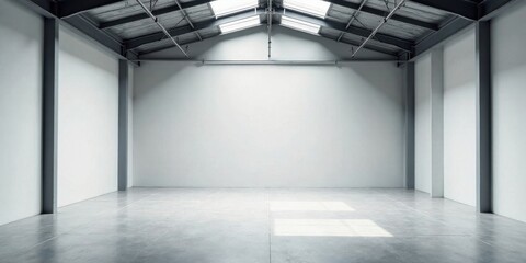 Fototapeta premium Empty industrial space with high ceiling and natural light illuminating the polished concrete floor