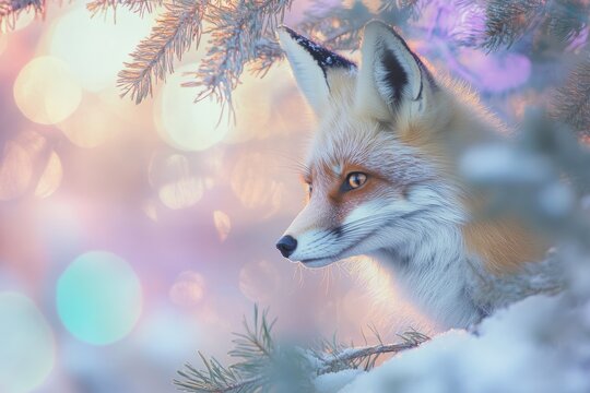 A majestic red fox peeks from a snowy pine tree, bathed in the soft glow of a winter sunset.