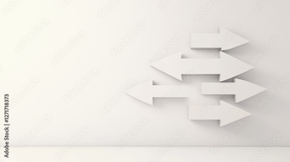 Poster five white arrows are pointing in various directions on a minimalist white background, symbolizing d