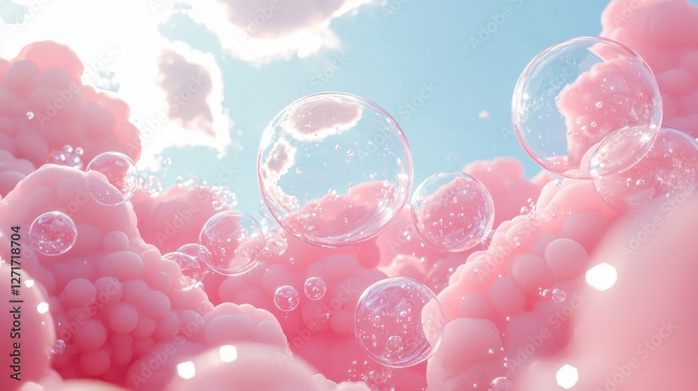 Poster soft pink clouds billow gently against a clear blue sky, where sparkling bubbles drift serenely, cre