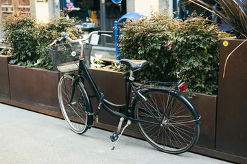 Fototapete Rund Vintage old bicycle parked in the urban narrow street. City transport concept. Lush green plants growing in pots near house © mdyn