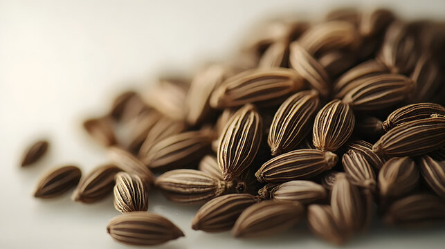 Black cumin seeds arranged in a neat pile on a white surface, the smooth texture of the seeds is clearly visible.