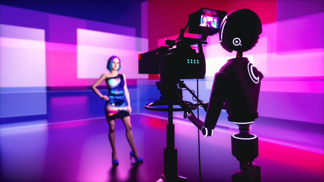 a robot cameraman and a presenter in a television studio(3d rendering)