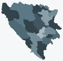 Map of Bosnia and Herzegovina with regions. Just a simple country border map with region division. Blue grey color palette. Plain Bosnia and Herzegovina shape with administrative division.