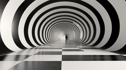 Obraz premium Abstract black and white tunnel with checkered floor. A mesmerizing optical illusion.