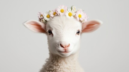 Naklejka premium A fluffy lamb wearing a crown of flowers, looking directly at the camera against a light background.