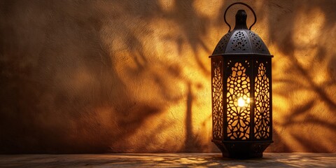 Beautiful traditional Arabic lantern casting intricate light patterns on a textured wall during Ramadan, creating a warm and peaceful ambiance for iftar gatherings