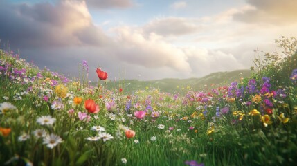 Obraz premium A meadow filled with wildflowers of various colors (daisies, poppies, and buttercups) under a soft, cloudy sky