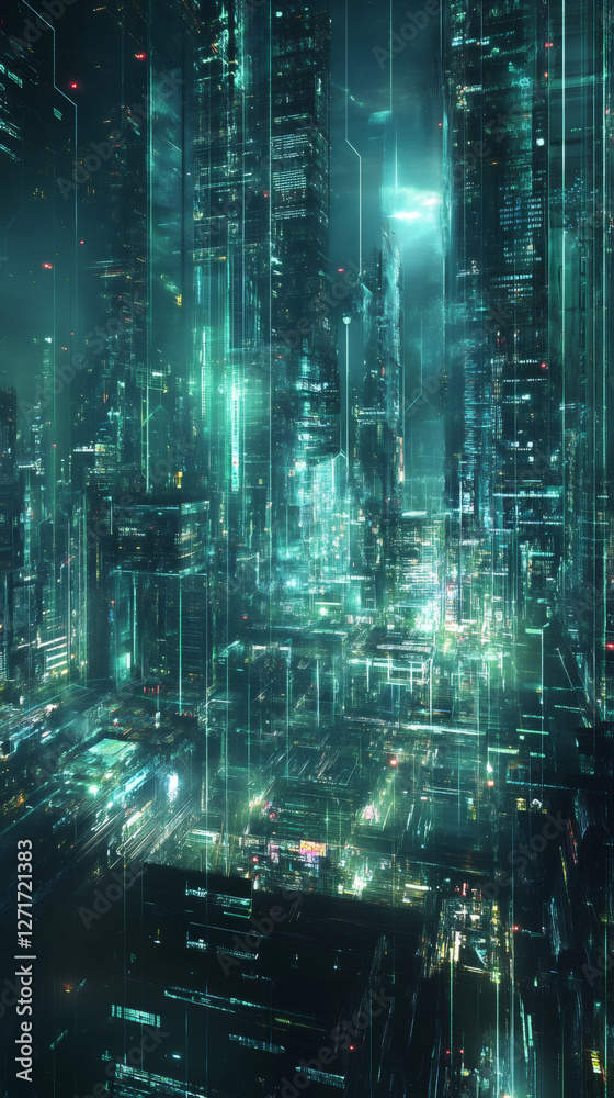 Leinwandbilder digital data flows through skyscrapers in a futuristic cityscape, creating a vibrant network of info