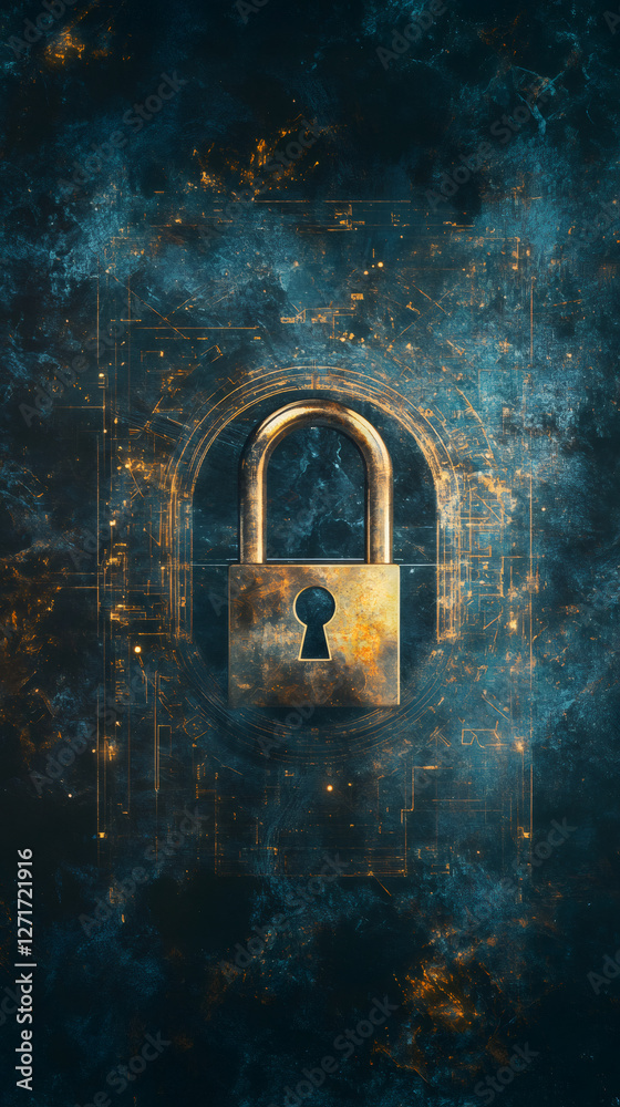 Fototapete Closed padlock protecting sensitive data on a technological background, symbolizing cybersecurity and data protection