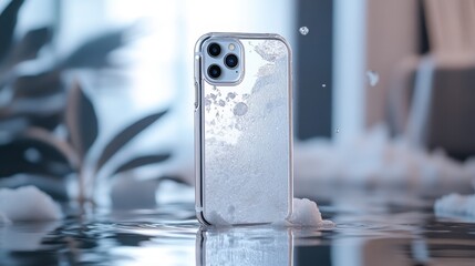 Close up of a cell phone with water droplets on the screen in natural light