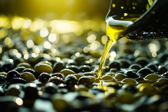 sunlit olive oil with fresh olives scattered around
