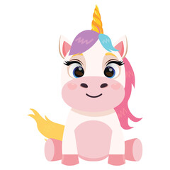 Cute smiling unicorn on white isolated background. Vector baby unicorn mascot. Pony