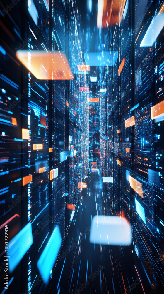 Poster Digital data streaming through high-tech server room, visualizing rapid network processing with dynamic motion blur effect