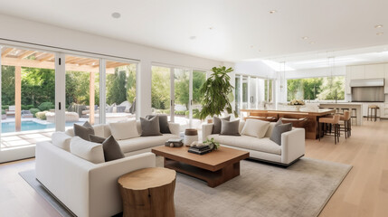A modern, open-concept living room and kitchen with large windows overlooking a pool and garden, featuring white sofas, a wooden coffee table, and a dining area. 