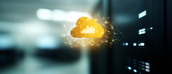 Golden cloud icon with digital connections over server rack in blurred data center, symbolizing tech innovation.