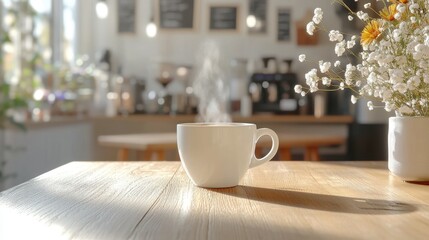 Obraz premium White ceramic cup placed on a rustic wooden table surface with natural light illuminating the scene